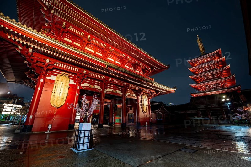 Illuminated five-story pagoda and Hozomon treasure chamber gate of Asakusa Shrine or Senso-ji Temple, at night, Buddhist temple complex, Asakusa, Tokyo, Japan