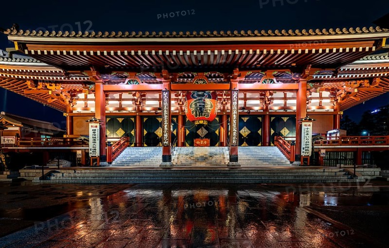 Illuminated main hall of Asakusa Shrine or Senso-ji Temple, at night, Buddhist temple complex, Asakusa, Tokyo, Japan