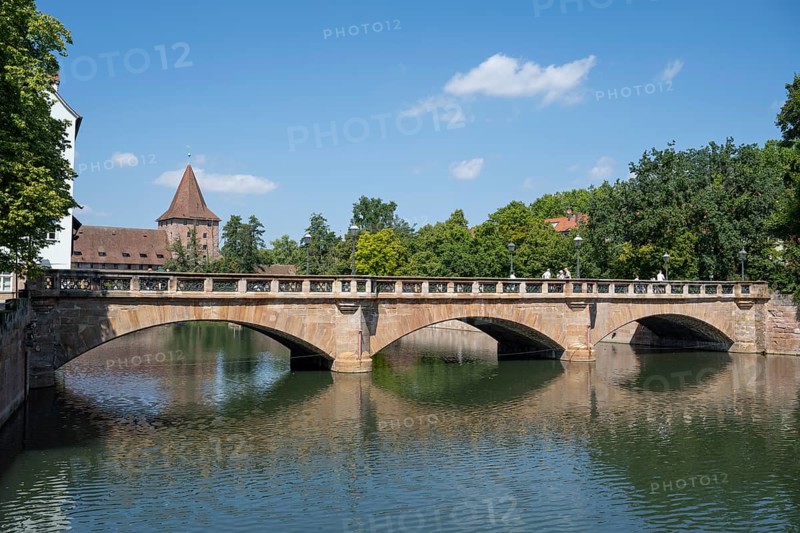 Maxbrücke with reflection, Pegnitz river, Nuremberg, Middle Franconia, Franconia, Bavaria, Germany