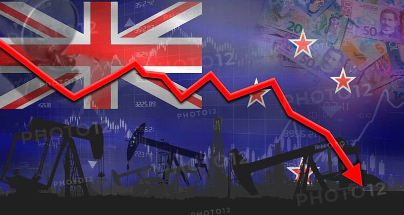 Fall oil price with New Zealand flag on economic chart. Petrol crisis with New Zealand flag on financial graph
