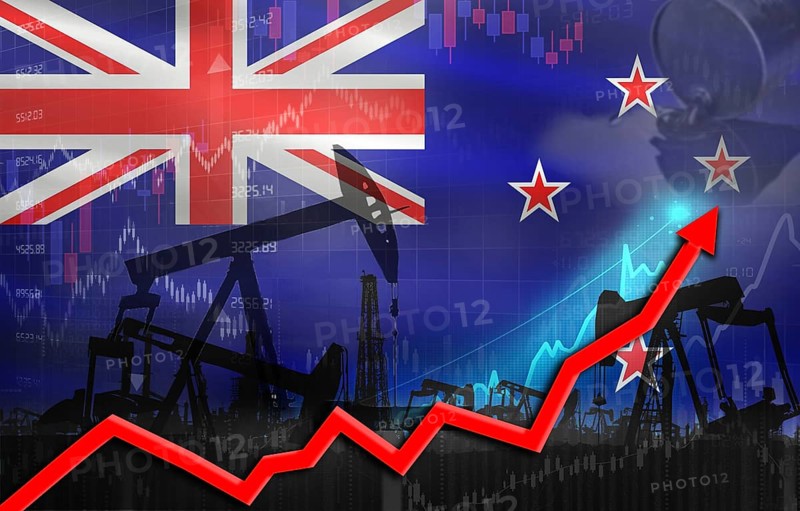 Oil production with New Zealand flag, petrol industry. Oil pumps with New Zealander flag