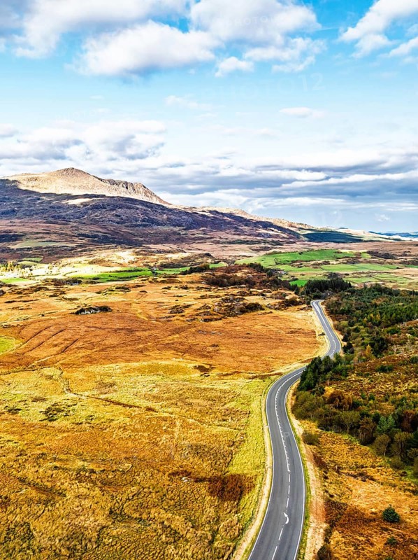 Snowdonia National Park over Road A470 from a drone, Crimea Pass, Blaenau Dolwyddelan, Wales, England, United Kingdom