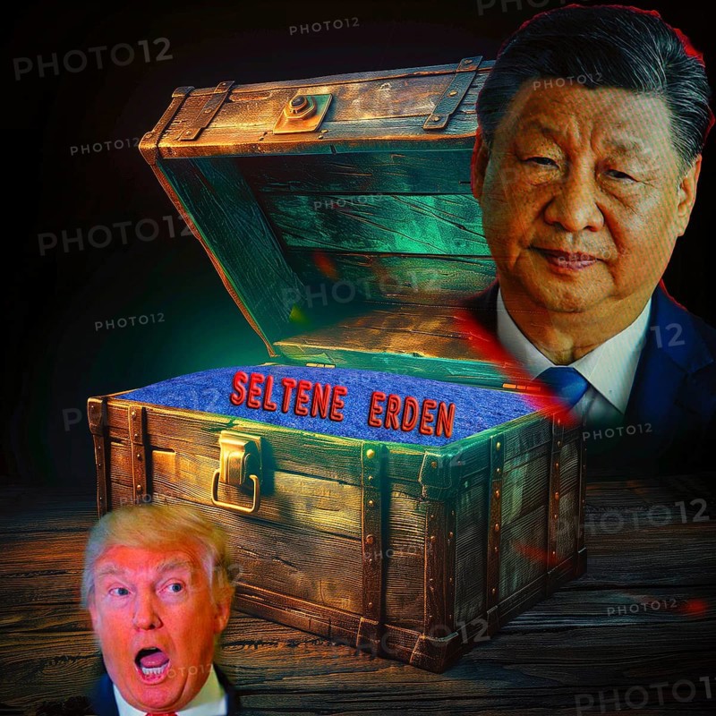 Symbolic image, rare earths, dependent on China with 90% raw material ownership, industry dependency, rare earths for Europe and USA, Trump and Xi Jinping, semiconductor crisis, chip shortage, raw materials, suppliers China and Russia, Germany without mineral resources, scarcity of fossil fuels, energy supply, energy transition, phase-out of nuclear energy, production stop in the automotive industry, defense industry, computer chips, smartphones, screens, batteries