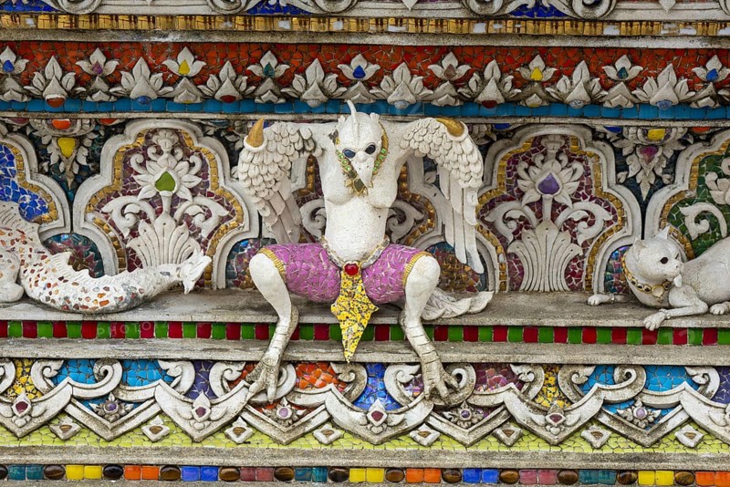 Decorative elements with pop culture references (for example comics, superheroes) in the stucco and porcelain vases outside and inside the art hall with modern art trends such as minimalism and abstraction, Wat Pariwat, Yan Nawa district, Bangkok, Thailand