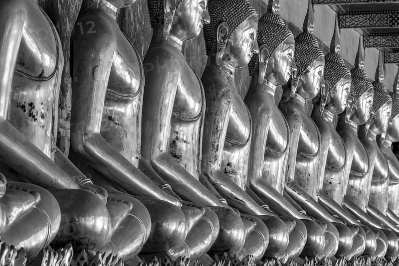 Gilded Buddha statues (Bhumispara mudra: Buddha Gautama at the moment of enlightenment), Wat Suthat Thepwararam, Royal Temple, Phra Nakhon, Bangkok, Thailand