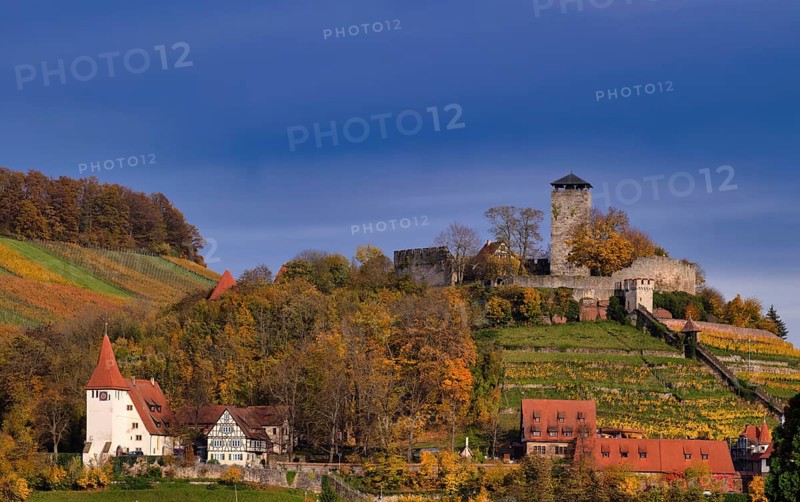 Hohenbeilstein Castle, Freizeitheim Magdalenenkirche, vineyards, Beilstein, Bottwartal, Löwensteiner Mountains, autumn, autumn colors, Baden-Württemberg, Germany