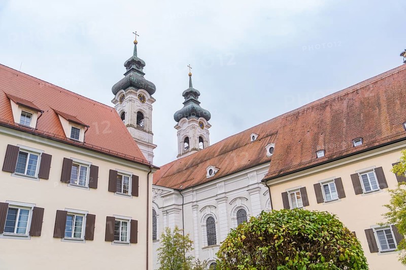 View of the towers and roofs of a historic monastery complex with Baroque architecture, ZFP Zwiefalten, Reutlingen district, Germany