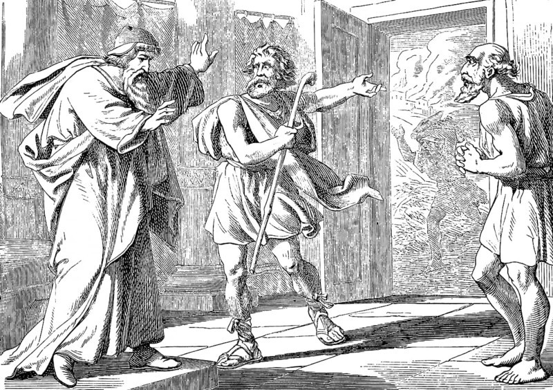 The job posts, The book of Job, the fire of God fell from heaven, messenger, message, devil, burn, sheep, boys, chapter, three old men, door, Old Testament, Bible, historical illustration 1877