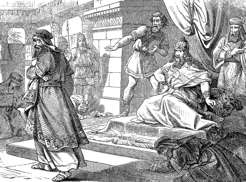 Mordachai refuses to kneel in front of Haman, The Book of Esther, chapter 3, Mordechai, Esther, priest, elevated seat, refusal, violation, rule, appearance, avert, horror, grimm, kneel down, bow, custom, Old Testament, Bible, Mardechai, historical illustration 1877