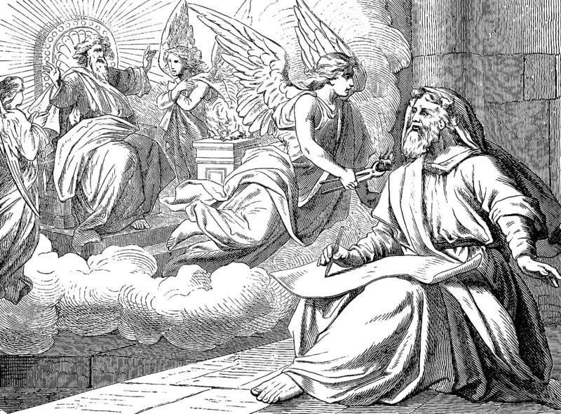 Isaiah's face of the glory of the Lord, There flew to me with glowing charcoal in his hand, The Prophet Isaiah, chapter 6, angel, six wings, cloud, sky, Isaiah, scroll, God, exalted chair, rays of light, holy, pliers, altar, hot, fire, Old Testament, Bible, historical illustration 1877