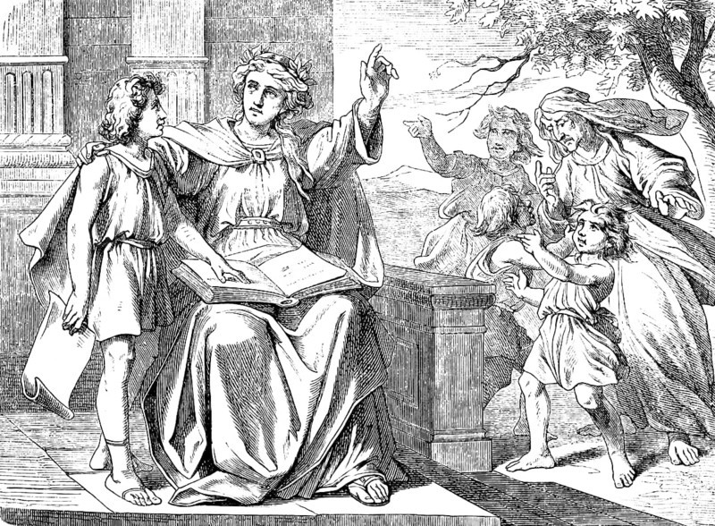 Wisdom calls and warns, emphatic warning against seduction, The sayings of Solomon, chapter 1, King of Israel, son of David, discipline, reason, prudence, justice, right and evil, wise, wise, foolishness, teaching of the wise, nefarious, father, mother, children, book, porch, index finger, learn, Old Testament, Bible, historical illustration 1877