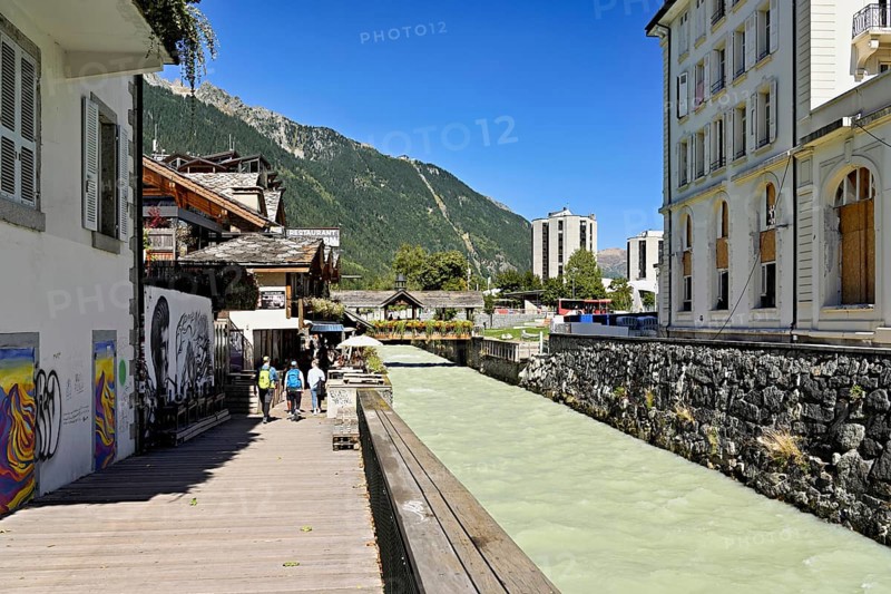 Arve glacial river flows through the city, Chamonix-Mont-Blanc, Haute-Savoie, France
