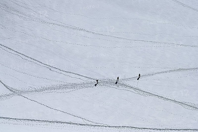 A group of mountaineers runs across a snow-covered mountain, Aiguille du Midi, Chamonix-Mont-Blanc, Haute-Savoie, France