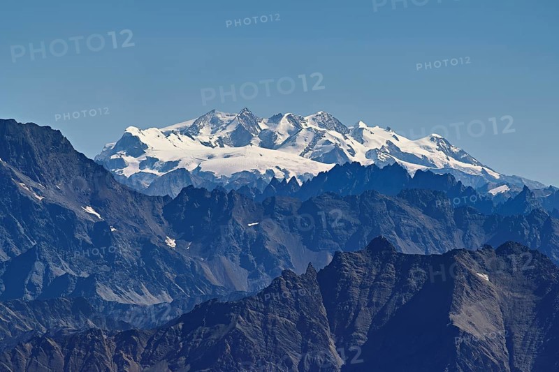 View of the Swiss Alps with the snow-capped Monte Rosa Mountains, Pointe Helbronner viewing terrace, Chamonix-Mont-Blanc, Haute-Savoie, watershed Italy, France