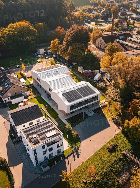 Aerial view of a modern settlement with solar panels in autumn light, Nagold, Black Forest, Germany