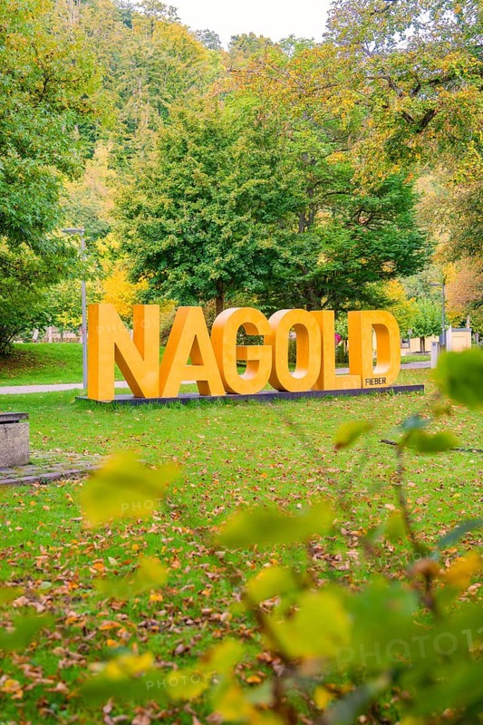 Park with big yellow letters that indicate Nagold, surrounded by autumnal nature, Nagold, Black Forest, Germany