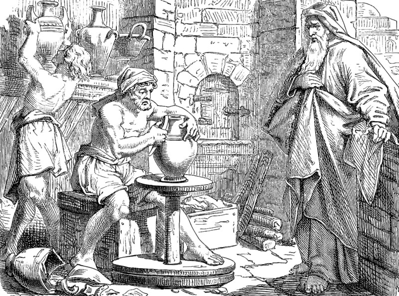 Go down to the potter's house, Jeremiah with the potters, The Prophet Jeremiah, chapter 18, clay, tools, knife, molds, pot, jug, turntable, feet, shards, succeed, fail, kiln, box, shelf, house of Israel, people, kingdom, God, Old Testament, Bible, historical illustration 1877
