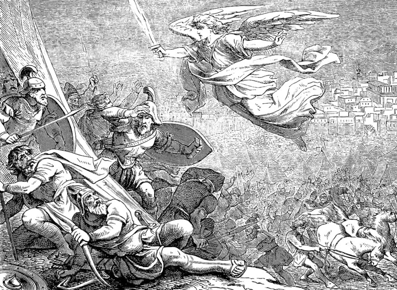 The Angel of the Lord Strikes the Assyrians, The Prophet Isaiah, Chapter 37, King, Blasphemy, God, Victory, Chaos, Dying, Prayer, Battle, Fight, Fly, Sword, Shields, Warrior, Horses, Assyrian Defeat, Kingdoms, Old Testament, Bible, Historical Illustration 1877