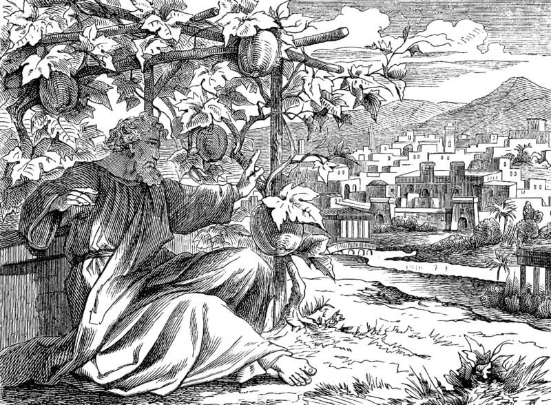 Jonah in front of his pumpkin hut at Nineveh, The Prophet Jonah, chapter 3, cityscape, mountains, river, hut, hillside, pumpkins, sitting, God, Old Testament, Bible, historical illustration 1877