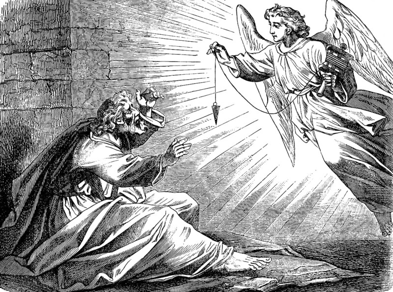 The man with the measuring string, The Prophet Zacharia, chapter 2, angel, pendulum, measure, string, ribbon, ray of light, Jerusalem, people, wall, Old Testament, Bible, historical illustration 1877