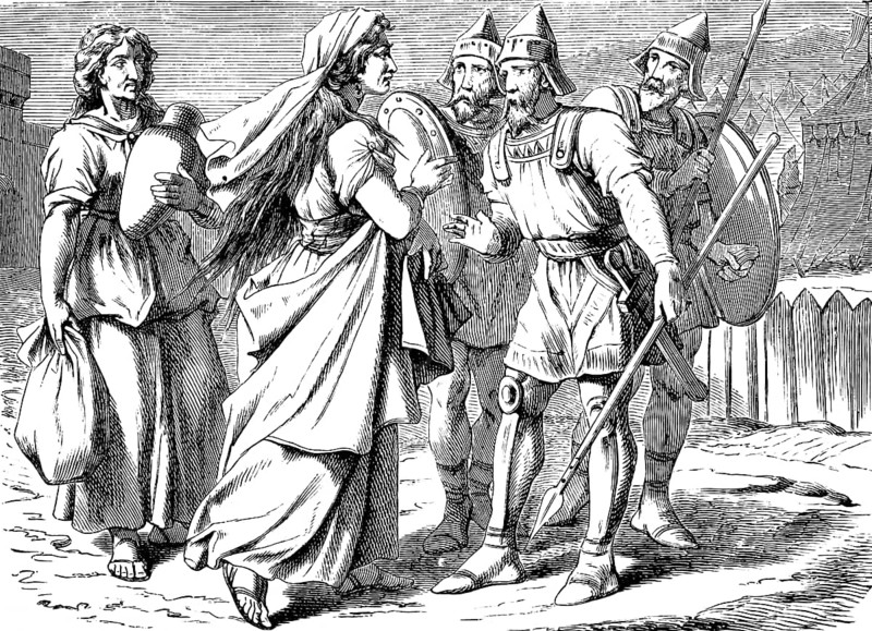 Judith and her maid go to the camp of enemies to Prince Holofernes, The Book of Judith, chapter 9, guards, warriors, shields, helmets, lances, questions, conversation, clay vessel, pouch, passage, King Nebuchadnezzar, Old Testament, Bible, historical illustration 1877