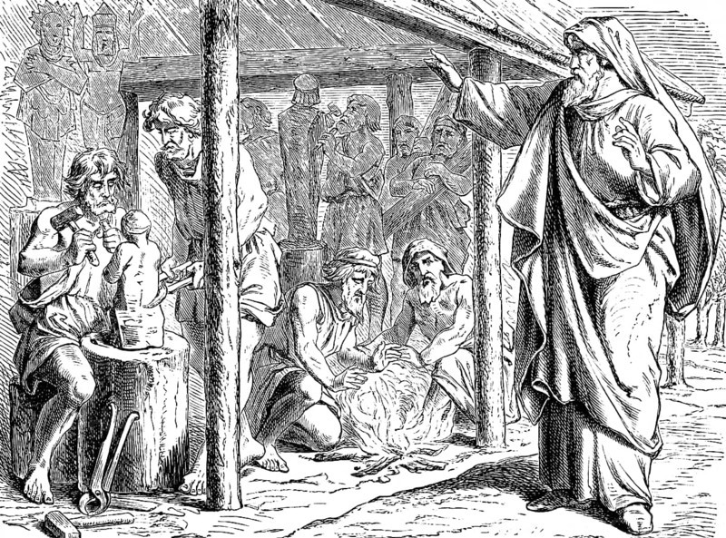 Against the idolaters, they must be shamed, The Prophet Isaiah, chapter 44, shame, idols, resistance, statue, chisel, fire, manufacture, god, vain, iron, pliers, craft, tools, useless, Old Testament, Bible, historical illustration 1877