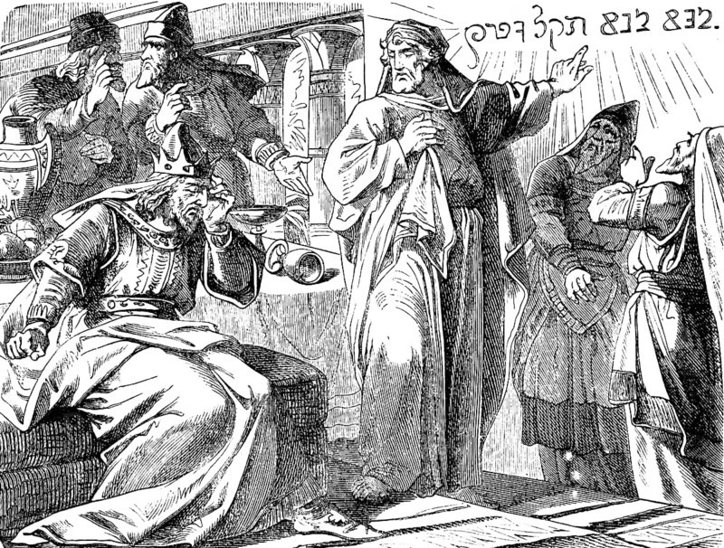 Daniel and the Godless King Belshazer, The Prophet Daniel, chapter 5, epilmero roof, golden vessels, drunk, Rebuchadnezzar, theft, temple, Jerusalem, banquet, chalices, jug, horror, Old Testament, Bible, historical illustration 1877