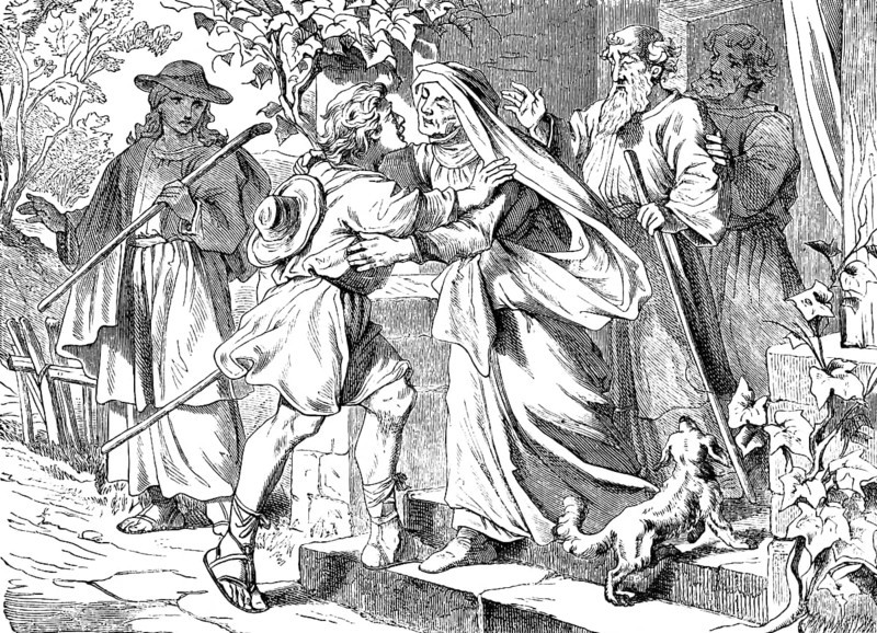 Homecoming of Young Tobias, The Book of Tobias, Chapter 11, Angel, Bile, Fish, Hannah, Parents, Father, Blind, Kiss Father, Anoint, Open Eyes, Dog, Joy, Goodbye, Praise God, Old Testament, Bible, Historical Illustration 1877