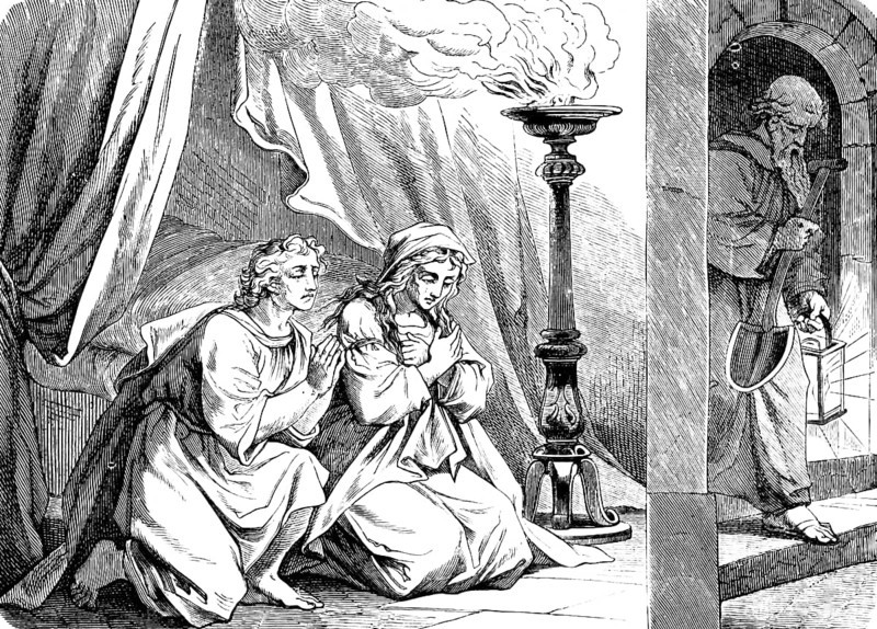 Young Tobias receives Sarah as wife, The Book of Tobias, chapter 7, bed, curtain, prayer, oil lamp, smoke, night, spade, lantern, grave, Nagül, Hanna, daughter, goot, meal, feast, neighbors, Old Testament, Bible, historical illustration 1877