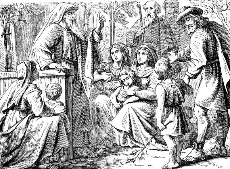 Praise good child-rearing, whoever keeps his child in discipline will be pleased with him, The book Jesus Sirach, chapter 30, rod, chastise, harshness, group, joy, children, woman, education, men, punishes, beating, Old Testament, Bible, historical illustration 1877