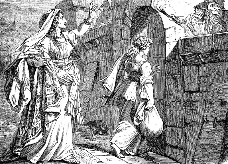 Judith arrives at the gate of Jerusalem with her maid, in the bag the head of Holofernes, The Book of Judith, chapter 13, guards, torch, night, pouch, head, Old Testament, Bible, historical illustration 1877