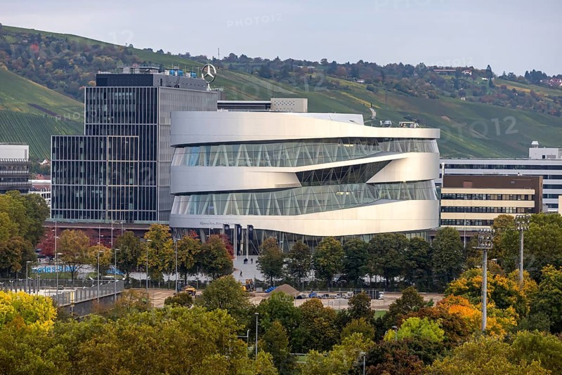 Office building at the headquarters of Mercedes-Benz Group AG in Untertürkheim. Mercedes-Benz Museum. Stuttgart, Baden-Württemberg, Germany