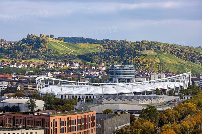 Neckarpark Stuttgart with Hanns-Martin-Schleyer-Hall and MHP Arena. In the center of the picture, Mercedes-Benz Van Technology Center (VTC) . Burial chapel in Württemberg. Stuttgart, Baden-Württemberg, Germany