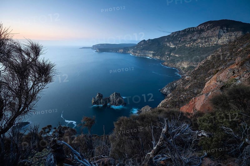 Shipstern Bluff viewpoint. Blue hour with long exposure showing sunset over the cliffs of Cape Raoul, Tasman Peninsula, Tasmania, Australia