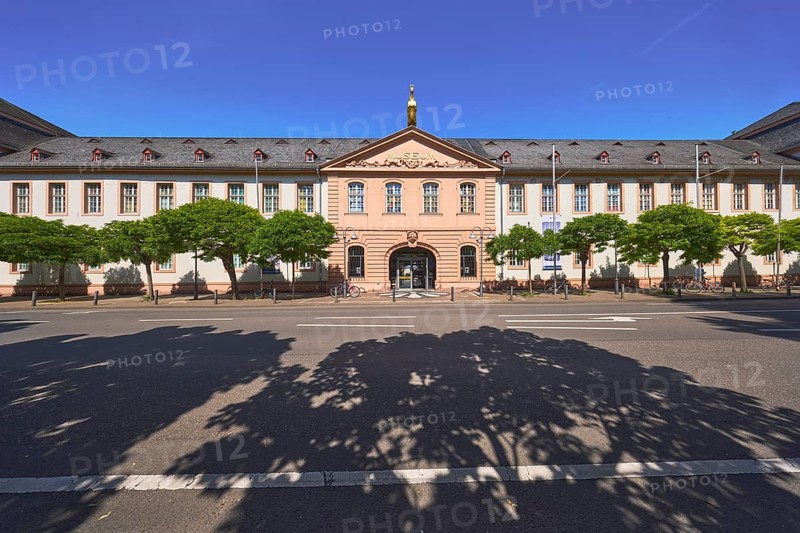 Mainz State Museum, Museum of Cultural History, Art Museum, Golden Ross Barracks, Historic Building, Marstall, gable roof covered with slate, entrance area, windows, dormers, Baroque and Classicism architectural style, barrier bollards, trees, blue sky, cloudless, street Große Bleiche, Mainz, state capital, district-free city, Rhineland-Palatinate, Germany