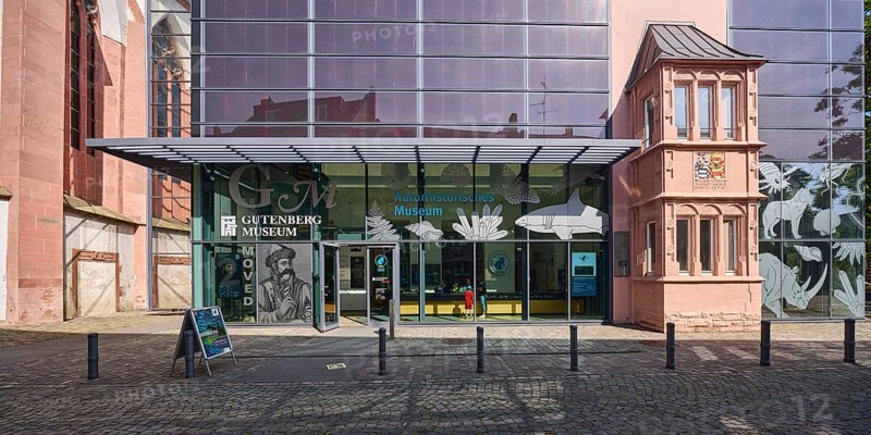 Mainz Natural History Museum, Gutenberg Museum, Museum of Printing and Writing, modern architecture, glass façade, covered entrance area, street made of paving stones, sunny, Reichklarastraße, Mainz, state capital, district-free city, Rhineland-Palatinate, Germany