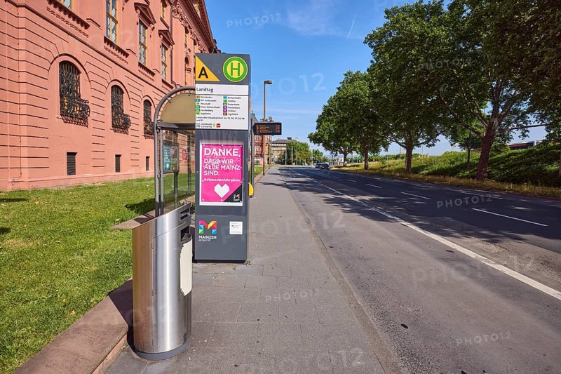 Landtag bus stop, New Armoury, historic building, public trash can, lantern, trees, lawn, blue sky, cirrostratus clouds, federal road B40, Peter-Altmeier-Allee, Mainz, state capital, district-free city, Rhineland-Palatinate, Germany
