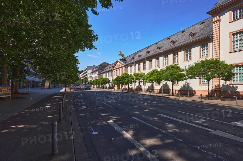 Mainz State Museum, Art Museum, Cultural History Museum, Golden-Ross Barracks, Marstall, Historic Buildings, Gable Roof Covered with Slate, Barrier Bollards, Traffic Lanes, Trees, Shadows, Blue Sky, Cloudless, Street Große Bleiche, Mainz, State Capital, County-Free City, Rhineland-Palatinate, Germany