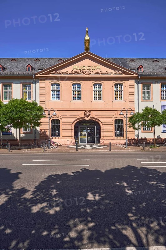 Mainz State Museum, Museum of Cultural History, Art Museum, Golden Ross Barracks, Historic Building, Marstall, gable roof covered with slate, entrance area, windows, dormers, Baroque and Classicism architectural style, barrier bollards, trees, blue sky, cloudless, street Große Bleiche, Mainz, state capital, district-free city, Rhineland-Palatinate, Germany
