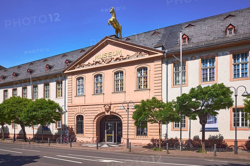 Mainz State Museum, cultural history museum, art museum, Golden Ross barracks, historic buildings, stables, Baroque and Classicism style, gable roof covered with slate, dormers, entrance area, windows, lanes, trees, blue sky, cloudless, street Große Bleiche, Mainz, state capital, district-free city, Rhineland-Palatinate, Germany