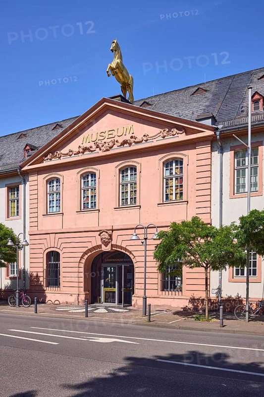 Mainz State Museum, cultural history museum, art museum, Golden Ross barracks, historic buildings, stables, Baroque and Classicism style, gable roof covered with slate, dormers, entrance area, windows, lanes, trees, shadows, blue sky, cloudless, street Große Bleiche, Mainz, state capital, district-free city, Rhineland-Palatinate, Germany