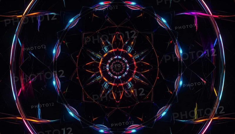 Abstract background of slightly unfocused multicolored glass lenses spinning and rotating, wallpaper illustration in vibrant neon colors, mandala background for business, textures and pattern, AI generated