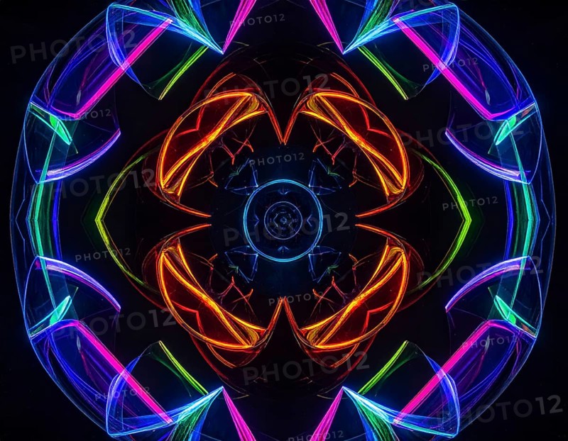 Abstract background of slightly unfocused multicolored glass lenses spinning and rotating, wallpaper illustration in vibrant neon colors, mandala background for business, textures and pattern, AI generated