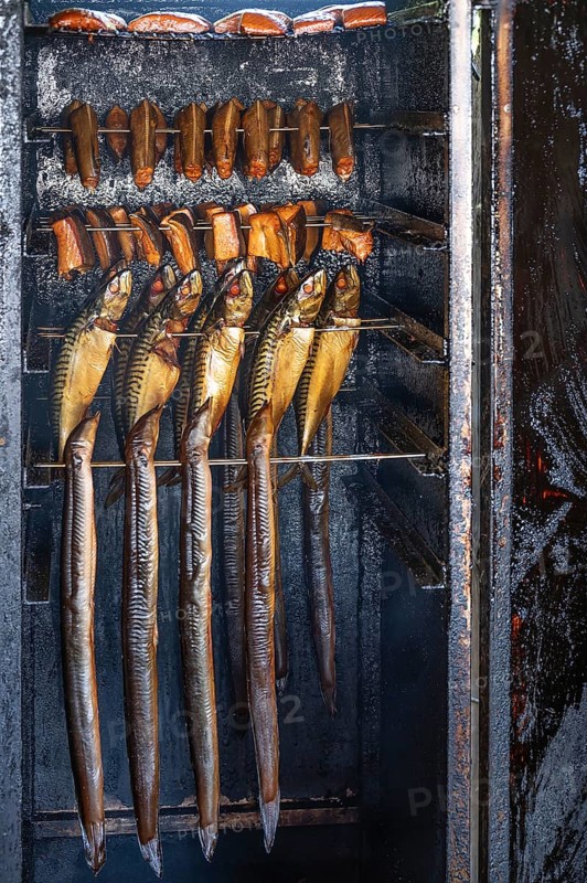 Different types of fish in a smoker, Ahrenshoop, Darß, Mecklenburg-Western Pomerania, Germany