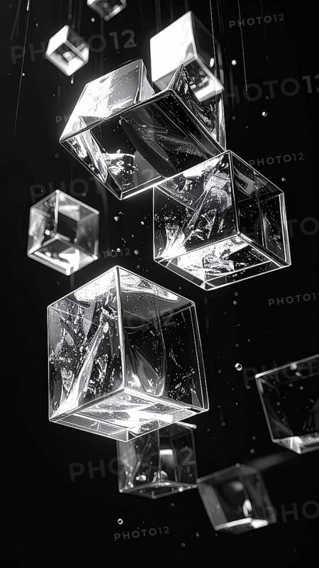 Abstract animation, glass cubes on black background, modern business wallpaper illustration, AI generated