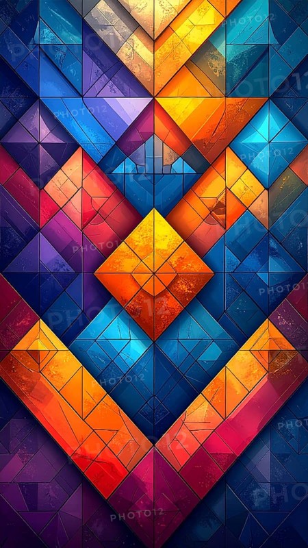 Abstract modern template, geometric effect stylized as mosaic tile, vibrant colorful business wallpaper illustration, pattern and textured geometric forms, wall art poster design, AI generated