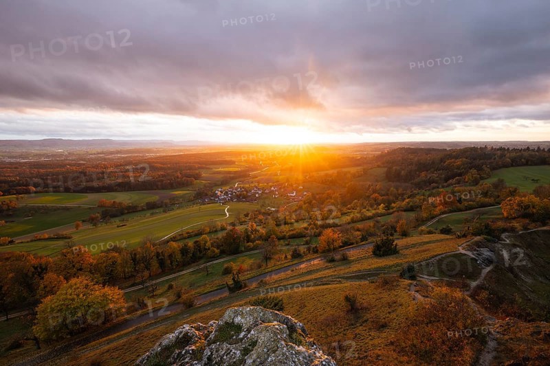 Sunset, autumn at Spielburg Nature Reserve, Hohenstaufen, Göppingen, Baden-Württemberg, Germany