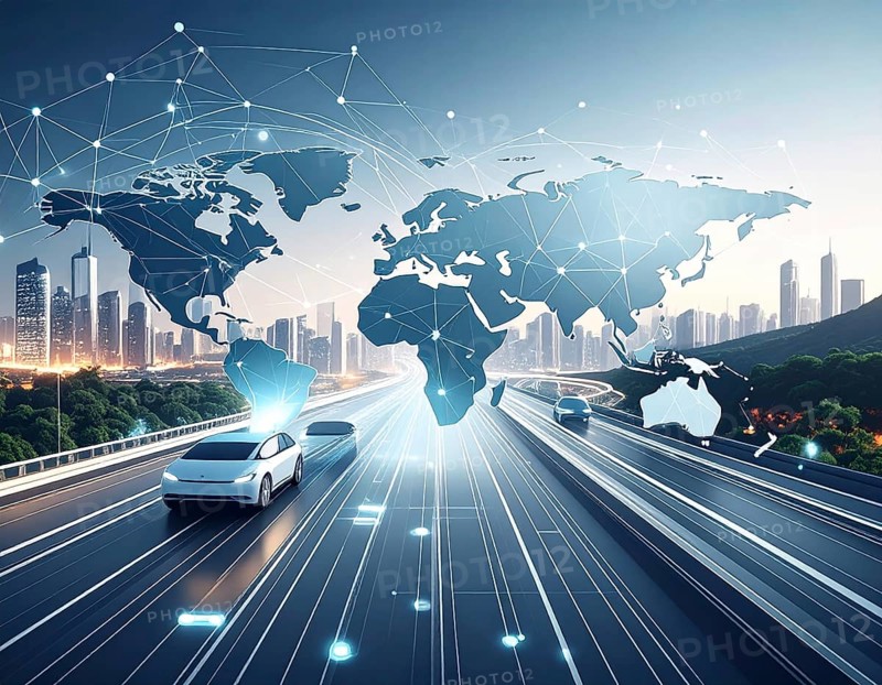 Abstract visualization of global rare earth supply network feeding EV industry, world map design, tech aesthetic, clean lines, rare earth for electric vehicles, AI generetaed, AI generated