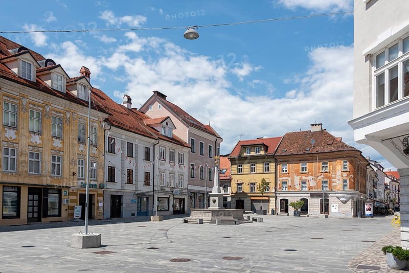 Historic town square, fountain, Kranj, Upper Carniola, Slovenia
