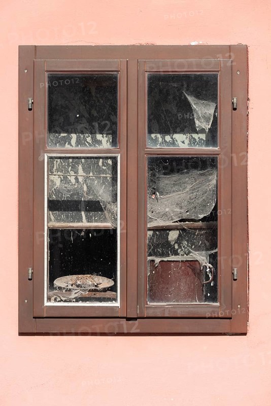 Pink house facade, window with old objects, Kranj, Upper Carniola, Slovenia
